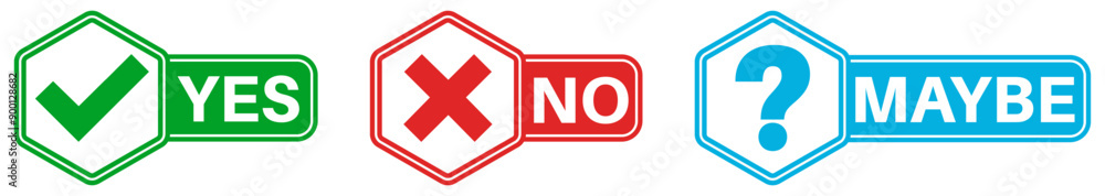 Obraz premium set vector Check, cross and question mark icon sign. Yes No Maybe symbol labels template design illustration