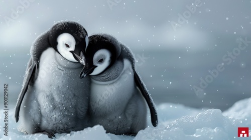 Two adorable penguin chicks cuddle together on icy terrain, capturing a moment of warmth in a cold, snowy landscape. photo