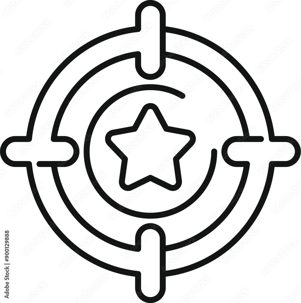 Line art icon of a marketing target audience with a star representing customer focus Line art icon of a marketing target audience with a star representing customer focus