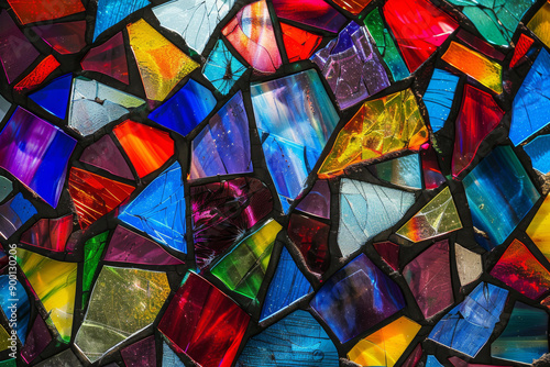 Colorful Stained Glass Mosaic with Vibrant Patterns and Unique Textures photo