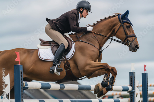A woman riding a brown horse in a park during an equestrian competition