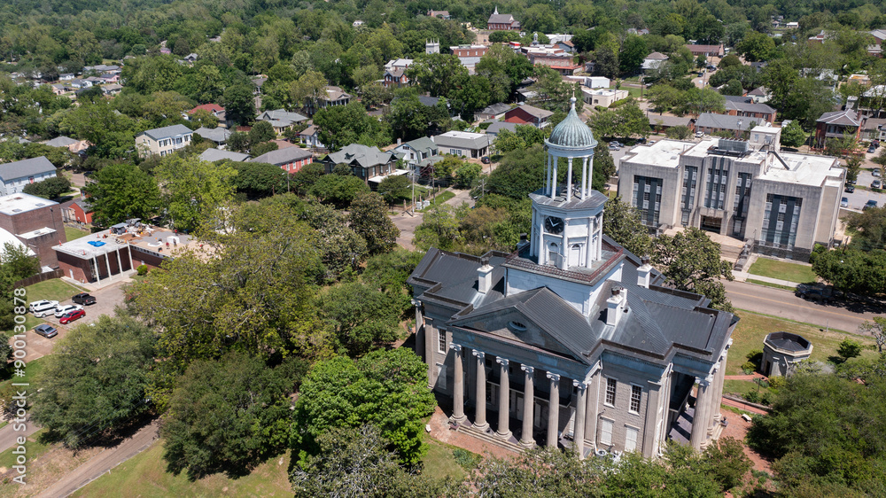 Vicksburg, Mississippi, USA - April 23, 2024: Afternoon sun shines on the historic downtown Courthouse.
