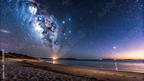 Tranquil beach at dusk with starry night sky above, serene, sandy, shore, peaceful, ocean, waves, twilight, horizon, evening