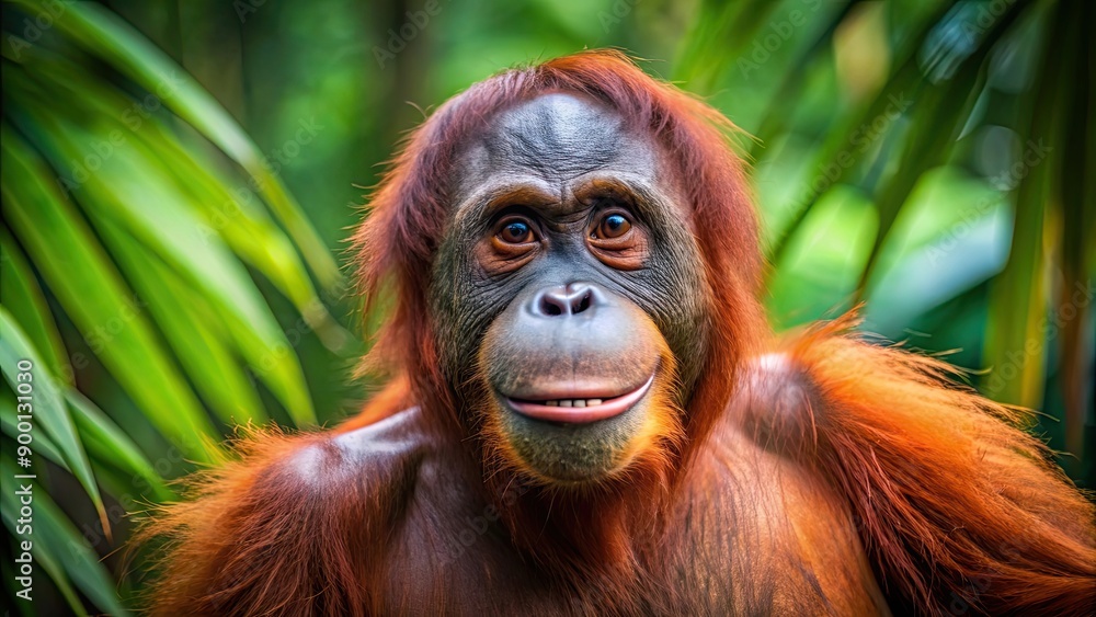 Fototapeta premium Playful orangutan portrait in a rainforest setting, orangutan, playful, funny, happy, jungle, wildlife, animal, adorable, cute