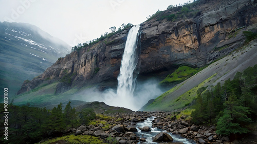 A majestic mountain range with snowcapped peaks and lush green valleys stretching endlessly