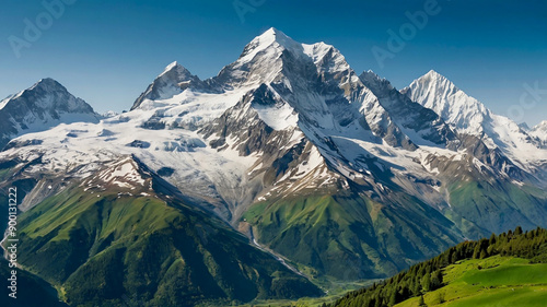 A majestic mountain range with snowcapped peaks and lush green valleys stretching endlessly