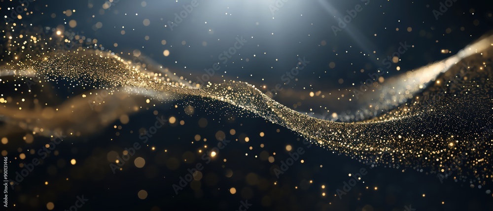 Abstract shiny gold glitter dust curve design element for photorealistic Christmas greeting card on dark background Abstract shiny gold glitter dust curve design element for photorealistic Christmas greeting card on dark background
