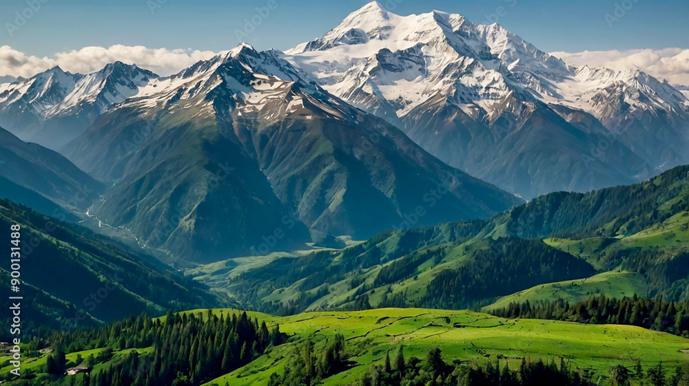 A majestic mountain range with snowcapped peaks and lush green valleys stretching endlessly A majestic mountain range with snowcapped peaks and lush green valleys stretching endlessly