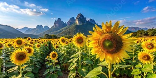 Sunflowers blooming on an Asian farm with blue sky and mountains in the background, sunflowers