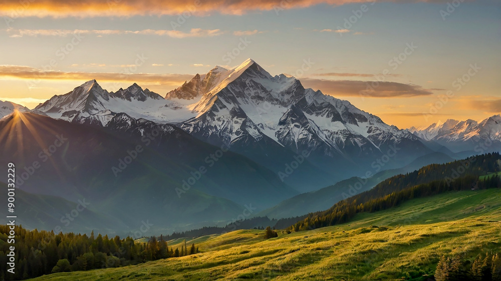 A majestic mountain range with snowcapped peaks and lush green valleys stretching endlessly A majestic mountain range with snowcapped peaks and lush green valleys stretching endlessly