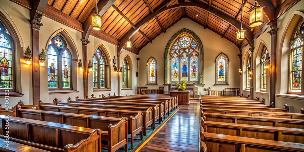 Fototapeta premium Interior of a traditional church with stained glass windows and wooden pews, church, interior, religious, worship