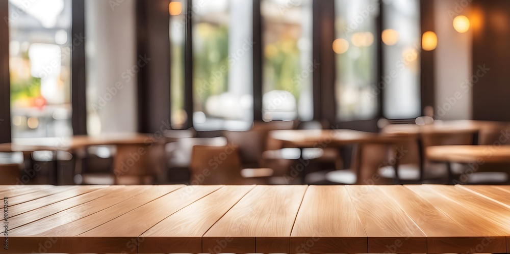 Wooden table with blur background of Cafe interior. generative ai Wooden table with blur background of Cafe interior. generative ai