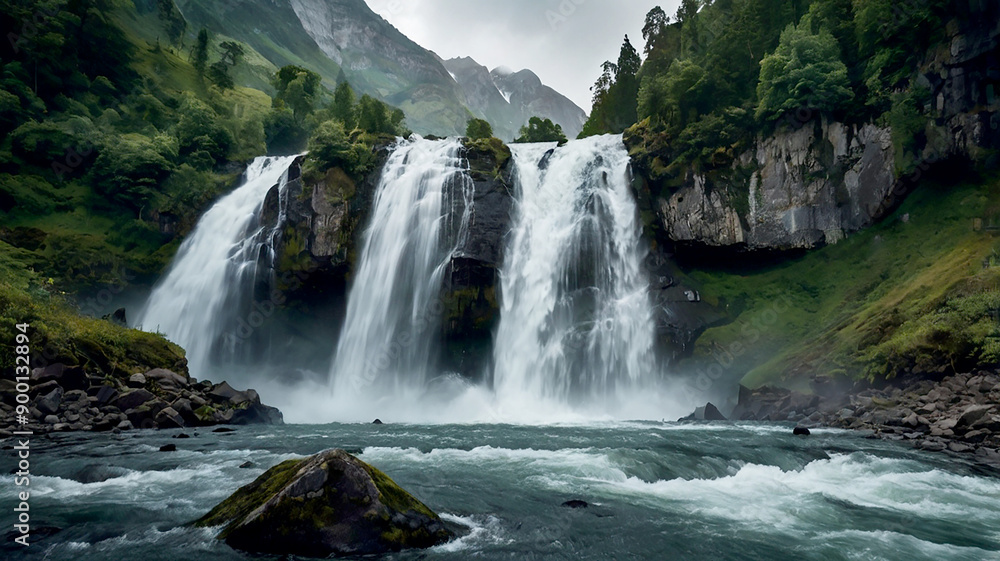 Fototapeta premium A majestic mountain range with snowcapped peaks and lush green valleys stretching endlessly