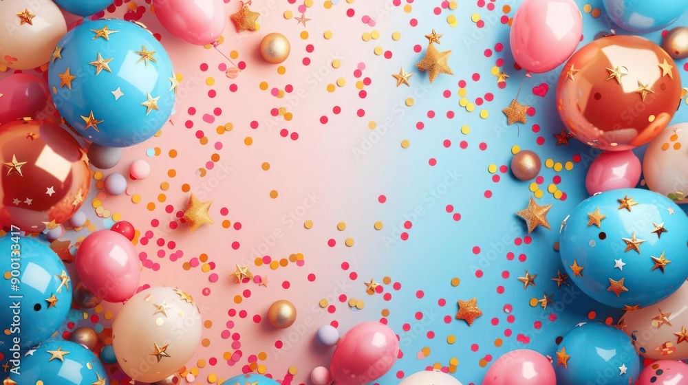 many balloons and confetti on a pink and blue background many balloons and confetti on a pink and blue background