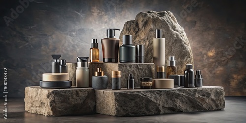 Stone display stand with a rugged, dramatic and epic atmosphere, showcasing men's cosmetic and beauty products exuding virility