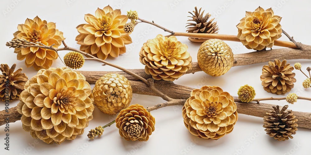 Fototapeta premium Arrangement of golden wooden dahlias, pinecones, and pods on dried twigs, golden, wooden, dahlias, pinecones, pods