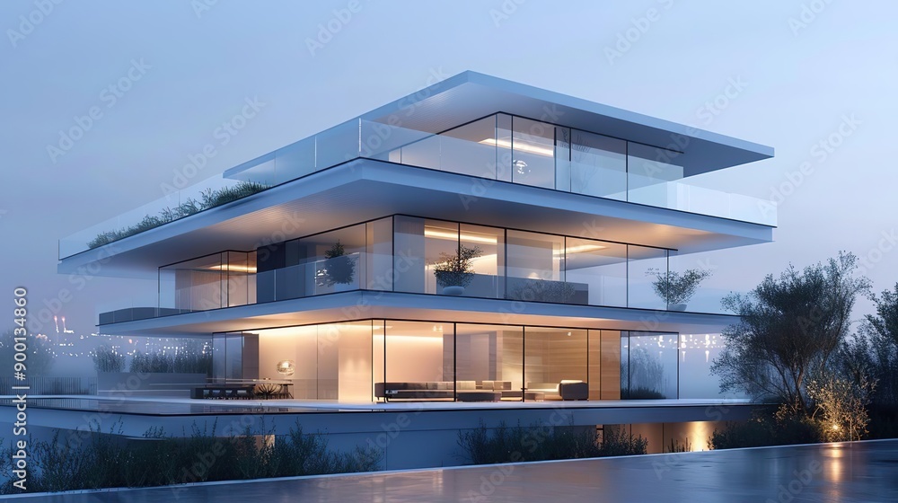 Modern Glass House with Pool and City Skyline - 3D Illustration Modern Glass House with Pool and City Skyline - 3D Illustration