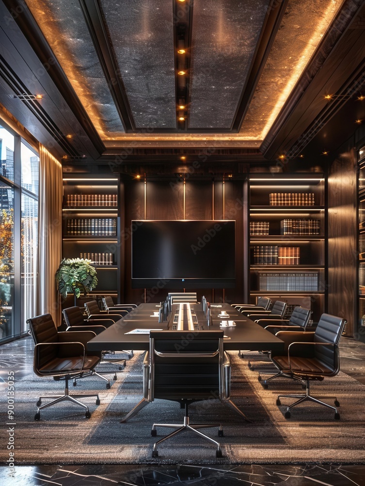 3D meeting room, large table, dark chairs, bookshelves filled, big screen, bright windows, top-down angle, modern style, crisp lighting 3D meeting room, large table, dark chairs, bookshelves filled, big screen, bright windows, top-down angle, modern style, crisp lighting