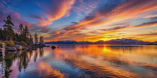 Fototapeta Naklejka Na Ścianę i Meble -  Vibrant sunset over tranquil Lake Tahoe with silhouette of mountains and reflections on the water, sunset, Lake Tahoe