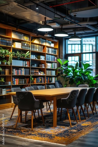 Contemporary meeting space, spacious table, dark seats, bookshelves, large display, bright backdrop, side view, soft natural light, high detail