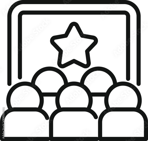 Group of people are sitting in a movie theater, watching a film with a star on the screen