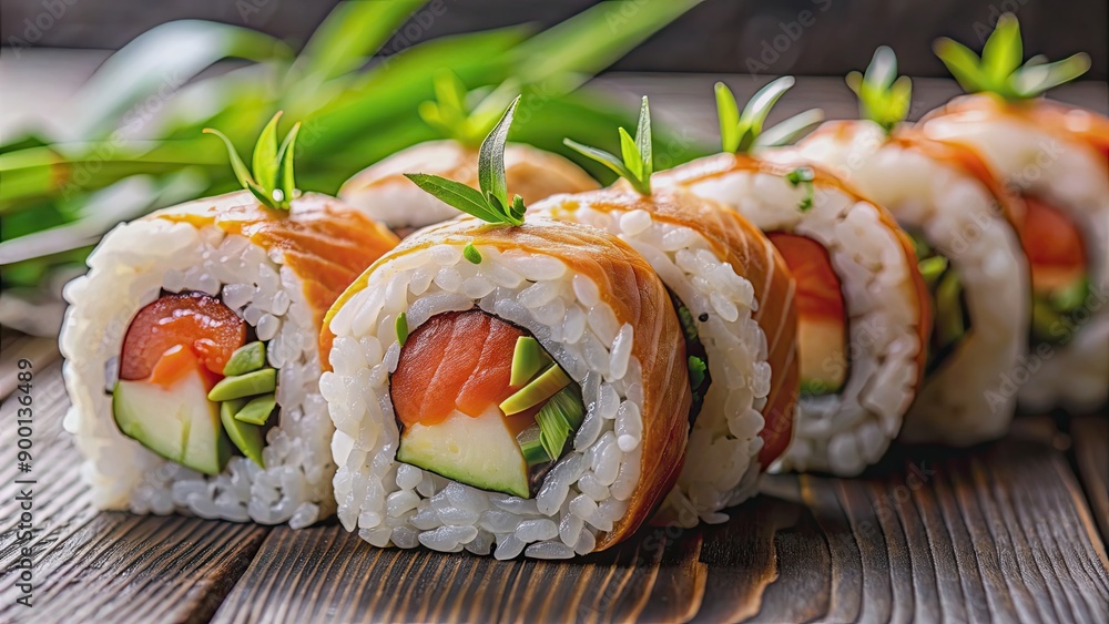 Close-up of delicious sushi rolls with fresh salmon and rice, sushi, salmon, Japanese food, fresh, seafood, healthy, raw Close-up of delicious sushi rolls with fresh salmon and rice, sushi, salmon, Japanese food, fresh, seafood, healthy, raw