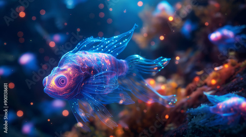 bioluminescent creatures in a deep-sea scene