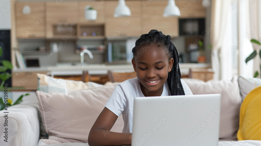Happy African American girl teen student learning at home on Smiling teenage using laptop hybrid learning english online virtual class Happy African American girl teen student learning at home on Smiling teenage using laptop hybrid learning english online virtual class
