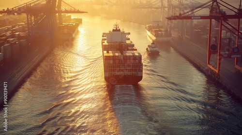 Realistic photo of a container ship navigating through a busy shipping lane, with logistics cranes in the background photo