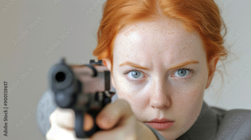 Intense Portrait of Young Woman Aiming Gun With Determined Expression Intense Portrait of Young Woman Aiming Gun With Determined Expression