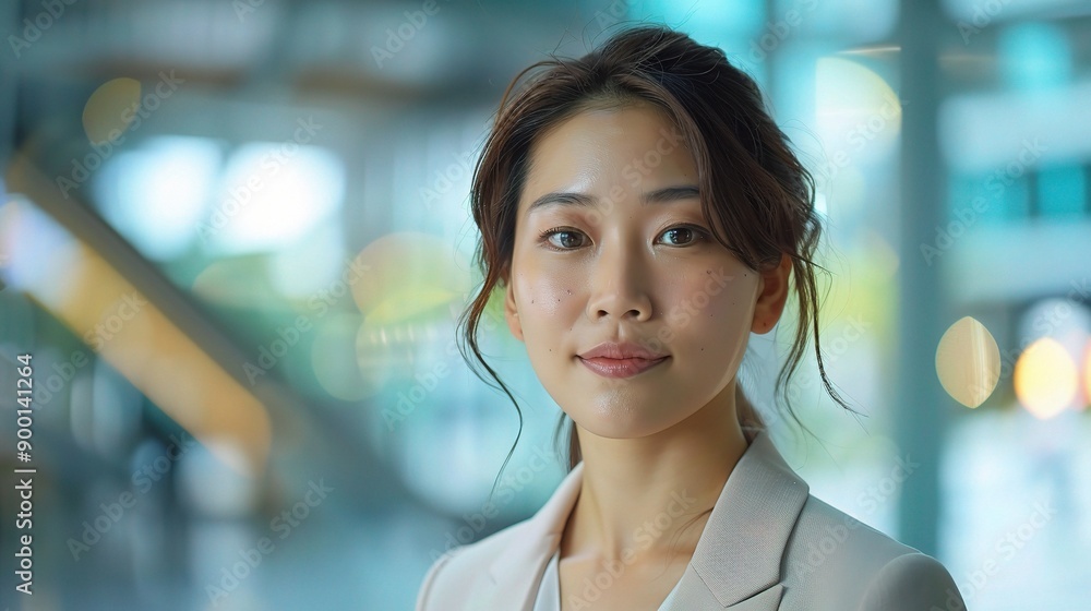 Confident Professional in Modern Office: A young Asian businesswoman exudes confidence in a vibrant office environment, her serene smile radiating success and ambition. Confident Professional in Modern Office: A young Asian businesswoman exudes confidence in a vibrant office environment, her serene smile radiating success and ambition.