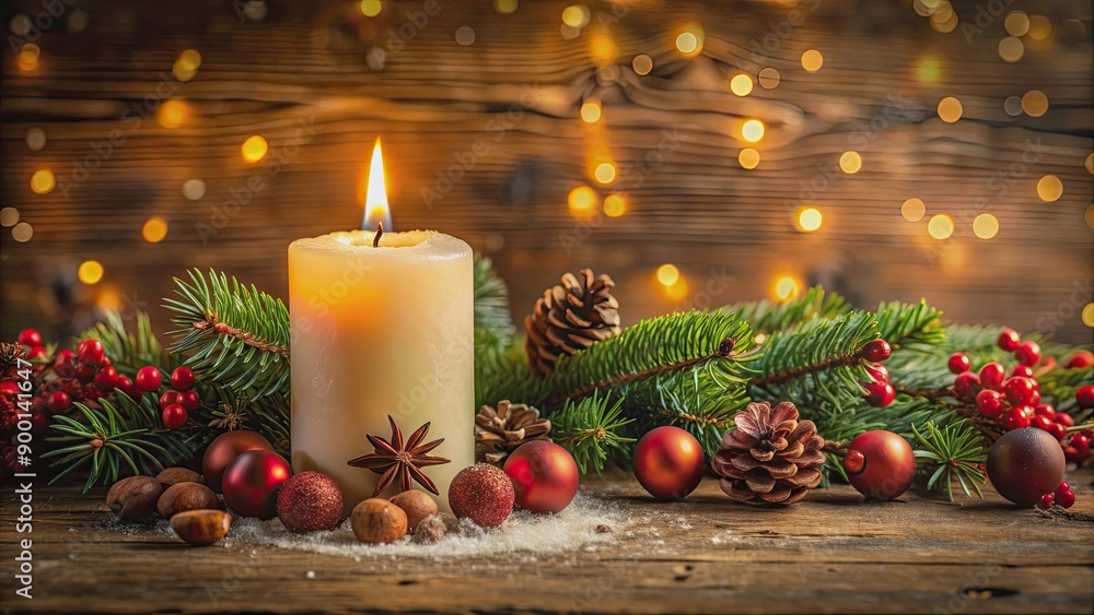 Christmas card featuring an illuminated candle surrounded by festive decorations, Christmas, card, candle, holiday, season, decoration Christmas card featuring an illuminated candle surrounded by festive decorations, Christmas, card, candle, holiday, season, decoration
