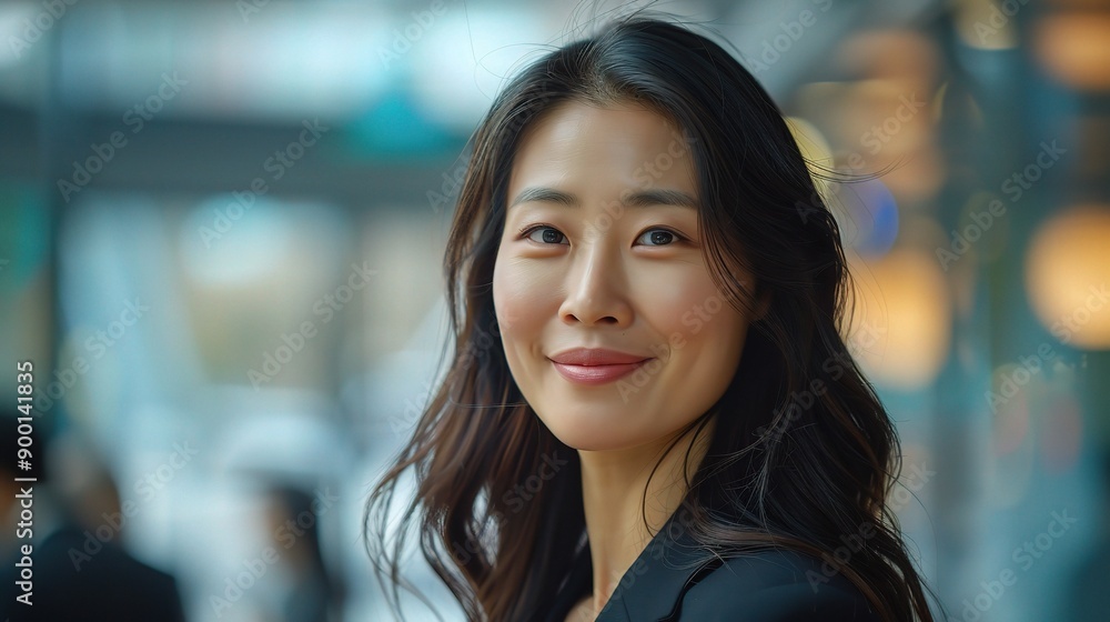 Confident Professional Woman in City: A portrait of a young Asian woman in business attire with a confident, friendly smile in a bustling city setting. Confident Professional Woman in City: A portrait of a young Asian woman in business attire with a confident, friendly smile in a bustling city setting.