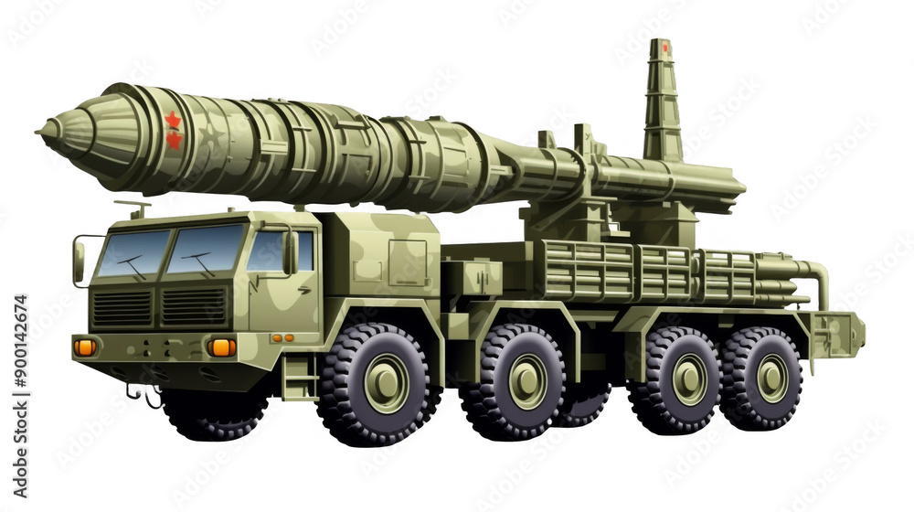 A large military vehicle with a rocket on top A large military vehicle with a rocket on top