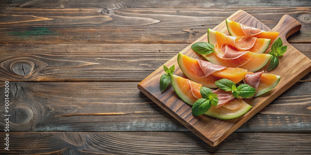 Fresh sweet melon and prosciutto ham on wooden board, melon, prosciutto, ham, wooden board, food, appetizer, delicious, fresh Fresh sweet melon and prosciutto ham on wooden board, melon, prosciutto, ham, wooden board, food, appetizer, delicious, fresh