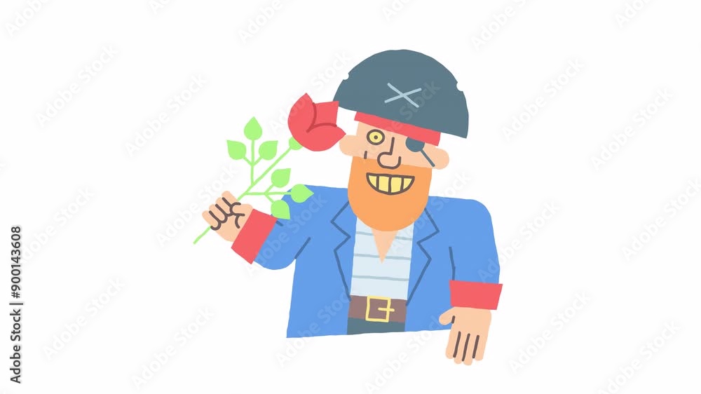 Sticker pirate holding flower and smiling. Alpha channel Sticker pirate holding flower and smiling. Alpha channel
