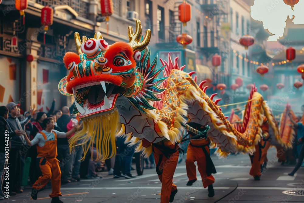 Fototapeta premium dragon is being carried by a group of people down a street. The dragon is very large and colorful, and the people are dressed in orange and black. The scene is lively and festive