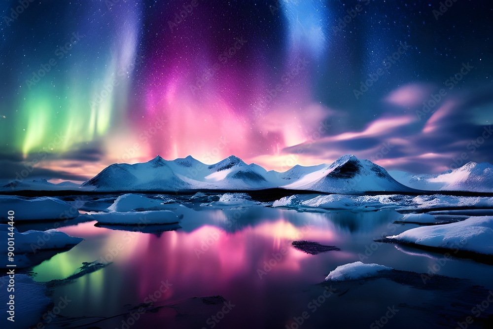 Aurora borealis in ice mountain region of Finland colourful northern lights with lake view natural phenomenon Aurora borealis in ice mountain region of Finland colourful northern lights with lake view natural phenomenon