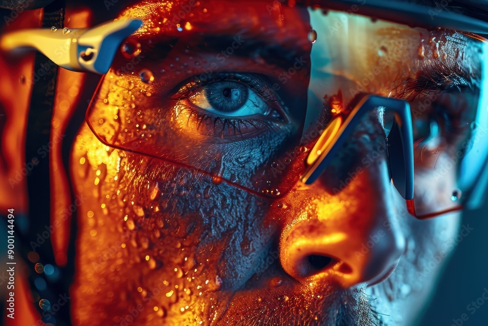 Close-up Portrait of a Man Wearing Sunglasses with Sweat Close-up Portrait of a Man Wearing Sunglasses with Sweat