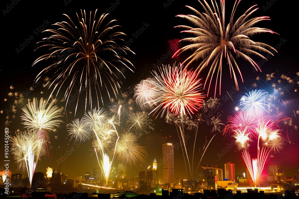 city skyline is lit up with fireworks, creating a festive and lively atmosphere. The fireworks are scattered throughout the sky, with some closer to the ground and others higher up city skyline is lit up with fireworks, creating a festive and lively atmosphere. The fireworks are scattered throughout the sky, with some closer to the ground and others higher up