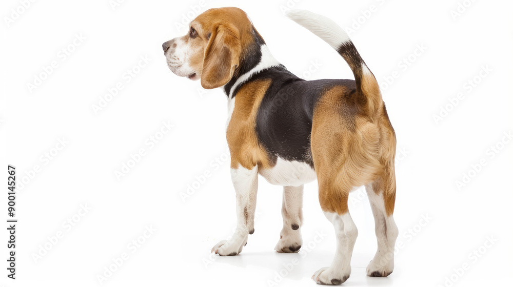 Beagle standing with wagging tail, white background. AI generative. Beagle standing with wagging tail, white background. AI generative.