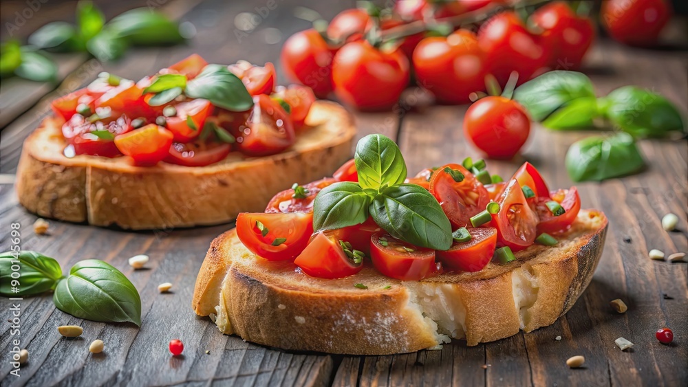 Fresh bruschetta with chopped tomatoes, basil, and seasoning on a slice of crusty bread, bruschetta, appetizer, snack Fresh bruschetta with chopped tomatoes, basil, and seasoning on a slice of crusty bread, bruschetta, appetizer, snack