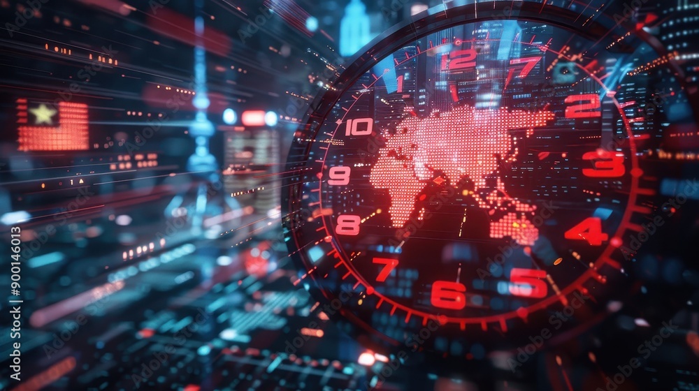 Obraz premium Global Timekeeping: A Futuristic Clock with World Map Display