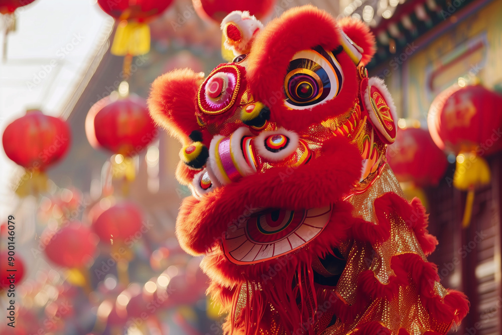 A red dragon mask is on display in front of a building. The mask is surrounded by many red lanterns, creating a festive and lively atmosphere A red dragon mask is on display in front of a building. The mask is surrounded by many red lanterns, creating a festive and lively atmosphere