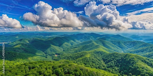 Aerial view of Blue Ridge Mountains surrounded by fluffy white clouds on a sunny summer day, Blue Ridge Mountains