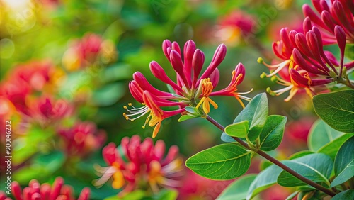 Lonicera brownii Dropmore Scarlet blooming in a vibrant summer garden, Honeysuckle, fragrant, climbing, shrub, vibrant, summer photo