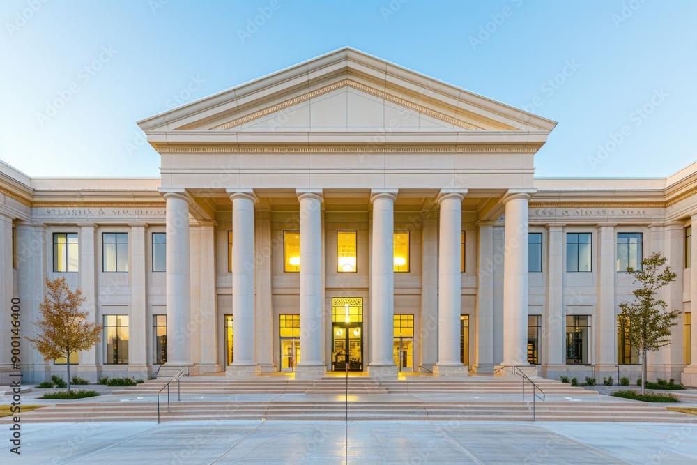 Fototapeta premium Elegant Exterior of a Modern Courthouse with Grand Columns and Illuminated Windows at Dusk
