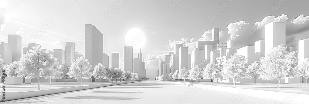 White Cityscape Illustration with Trees and a Road