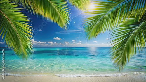 Fototapeta Naklejka Na Ścianę i Meble -  Travel background with Caribbean sea and palm leaves, Caribbean, sea, palm leaves, tropical, vacation, paradise, beach