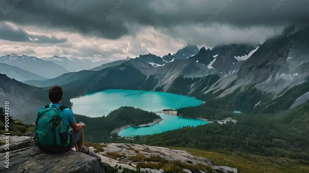 Hikers sitting near Turquoise Mountain Lake Hikers sitting near Turquoise Mountain Lake